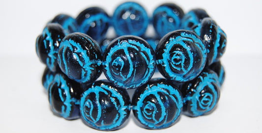 Round With Rose Flower Pressed Glass Beads, Transparent Dark Blue 46460 (30320 46460), Glass, Czech Republic