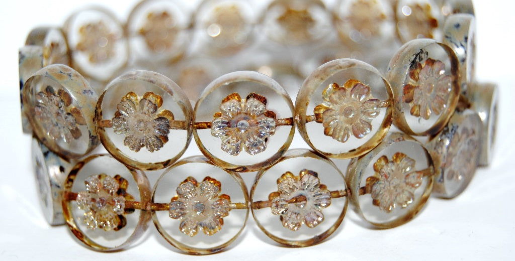 Table Cut Round Beads With Flower, Gray 43400 (40010 43400), Glass, Czech Republic