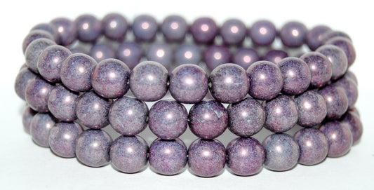 Round Pressed Glass Beads Druck, Chalk White Purple (3000 15726), Glass, Czech Republic