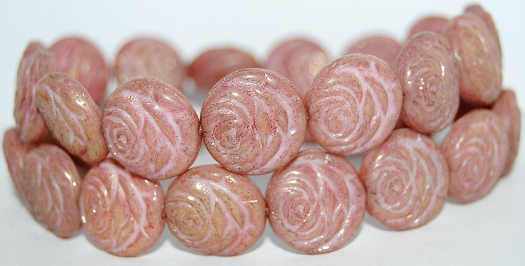 Round Flat Rose Flower Pressed Glass Beads, White Luster Lila (2010 14494), Glass, Czech Republic
