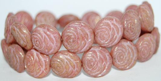 Round Flat Rose Flower Pressed Glass Beads, White Luster Lila (2010 14494), Glass, Czech Republic