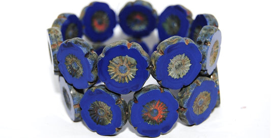 Table Cut Round Beads Hawaii Flowers, Opaque Blue 86801 (33070 86801), Glass, Czech Republic