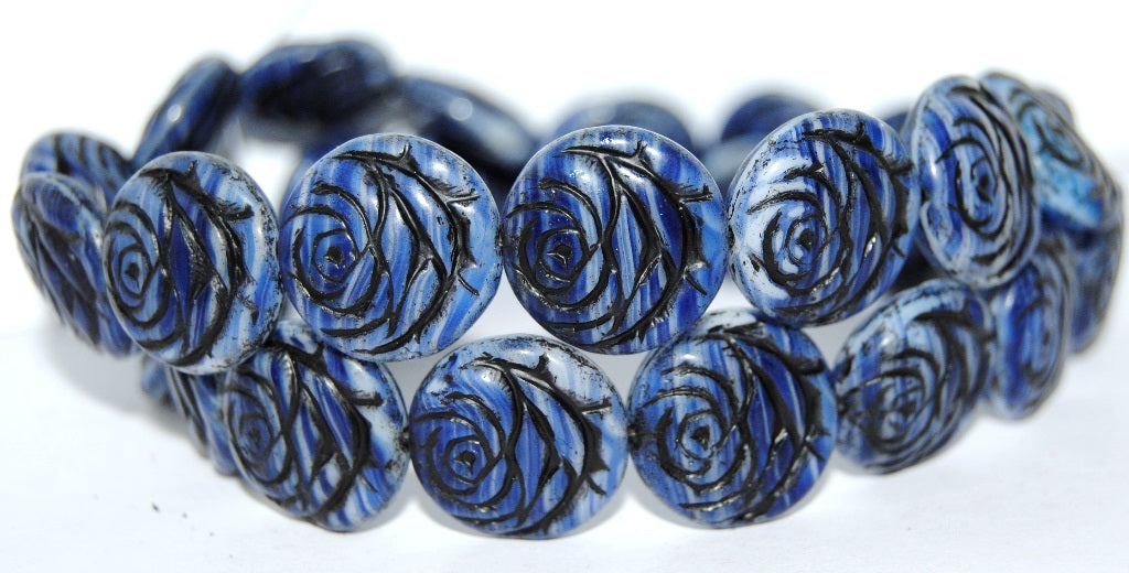 Round Flat Rose Flower Pressed Glass Beads, Opaque White Blue Striped 23202 (35000 23202), Glass, Czech Republic