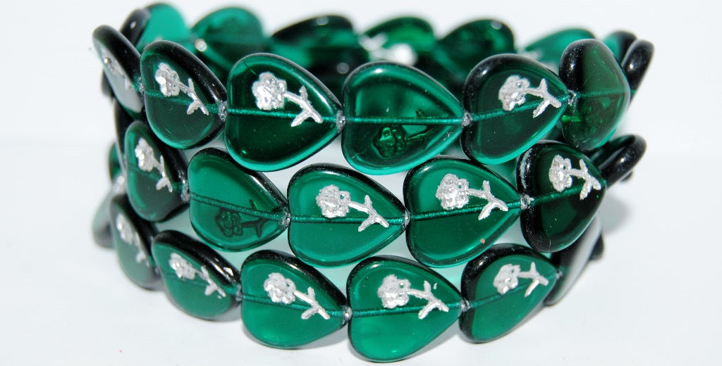 Heart Pressed Glass Beads With Flower, Transparent Green Emerald 54201 (50150 54201), Glass, Czech Republic