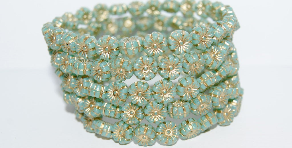 Hawaii Flower Pressed Glass Beads, Opal Aqua 54202 (61100 54202), Glass, Czech Republic