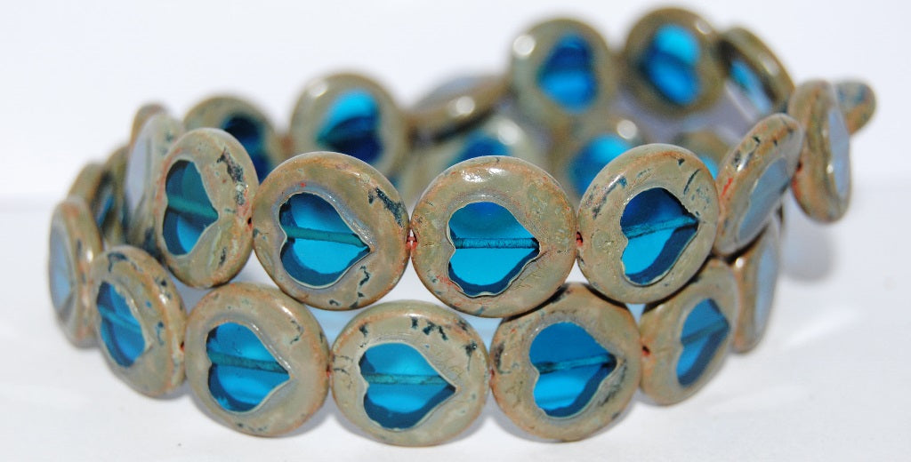 Table Cut Round Beads With Heart, Transparent Aqua 66800 (60050 66800), Glass, Czech Republic