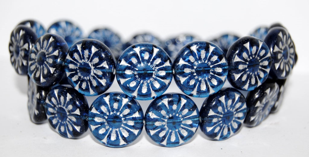 Flat Round With Flower Pressed Glass Beads, Transparent Aqua 54201 (60080 54201), Glass, Czech Republic