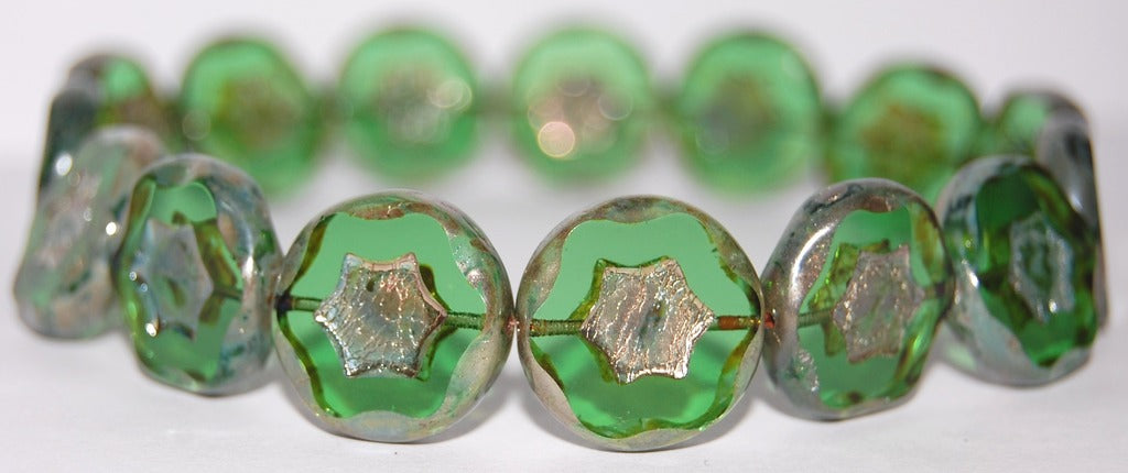 Table Cut Round Beads With Star, Transparent Green 43400 (50020 43400), Glass, Czech Republic