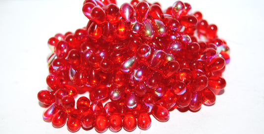 Pear Drop Pressed Glass Beads, Ruby Red Ab (90080 Ab), Glass, Czech Republic