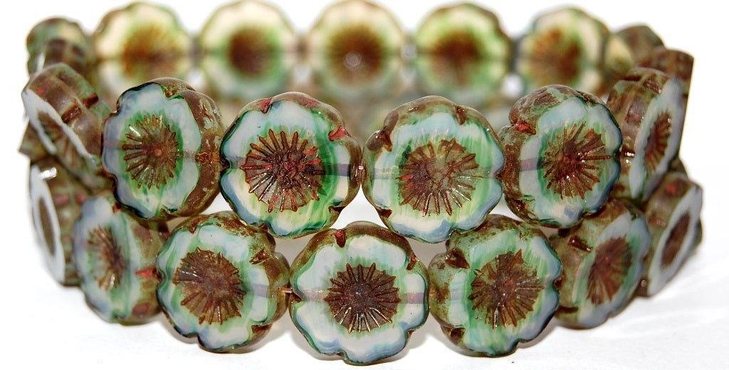 Table Cut Round Beads Hawaii Flowers, 5514 Travertin (5514 86800), Glass, Czech Republic