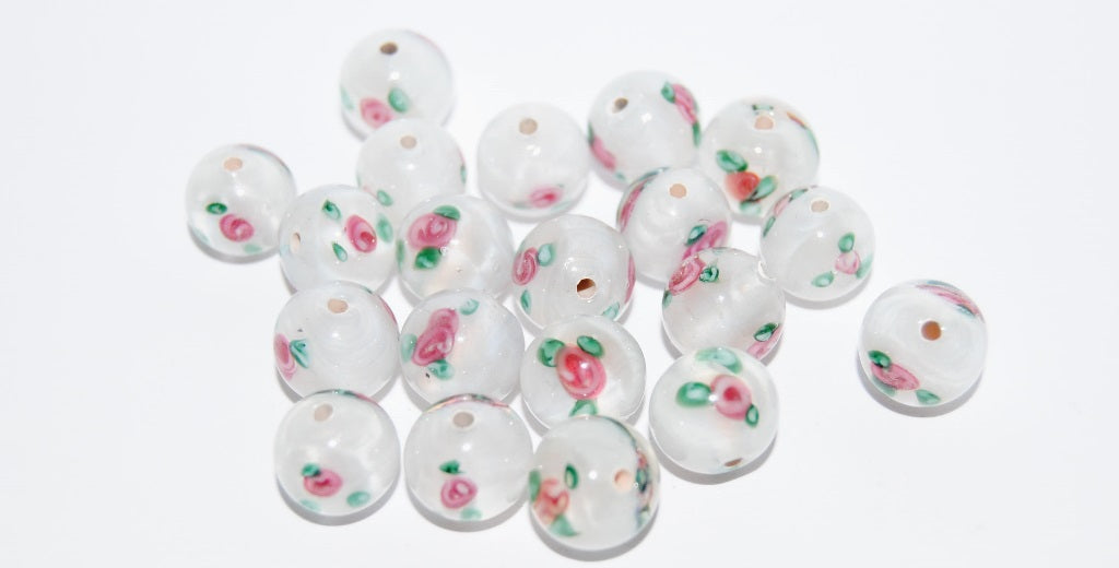 Czech Glass Hand Made Round Lampwork Beads With Flower, (10 H), Glass, Czech Republic