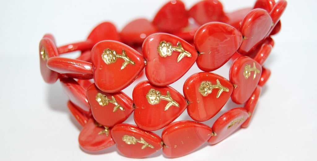 Heart Pressed Glass Beads With Flower, Red 54202 (93400 54202), Glass, Czech Republic