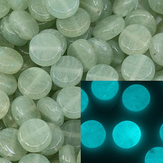 Flat Round Coin 1-hole glass beads, 8mm, Czech Republic, Dirty Green - Glow in the Dark Bright Blue
