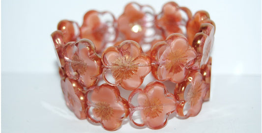 Table Cut Flower Beads Hibiscus, 21 Opaque Pink Luster Red Full Coated (21 76028 14495), Glass, Czech Republic