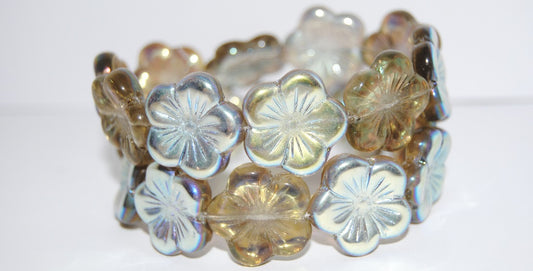 Round Flower Hibiskus Pressed Glass Beads, (40020 Ab), Glass, Czech Republic