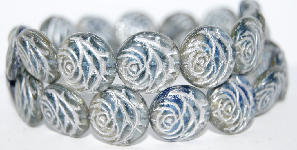 Round Flat Rose Flower Pressed Glass Beads, (47401 54201), Glass, Czech Republic