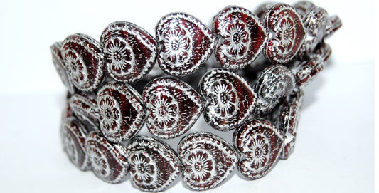 Heart With Flower Pressed Glass Beads, (26907 46401), Glass, Czech Republic