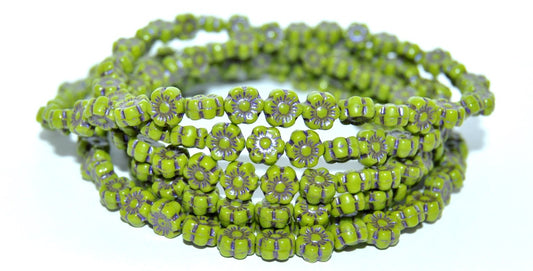 Hawaii Flower Pressed Glass Beads, Green 43810 Metalic (53420 43810 Metalic), Glass, Czech Republic