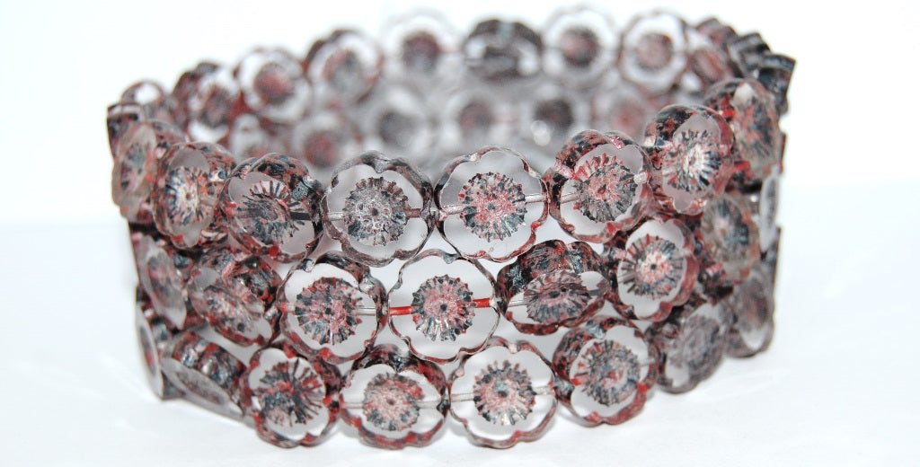 Table Cut Round Beads Hawaii Flowers, Lava Glass Crystal Black Red (Lava Glass 30 Black Red), Glass, Czech Republic