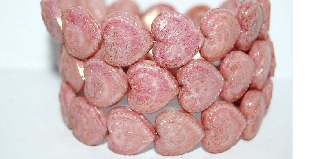 Heart With Flower Pressed Glass Beads, White Luster Red Full Coated (2010 14495), Glass, Czech Republic