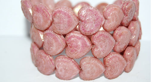 Heart With Flower Pressed Glass Beads, White Luster Red Full Coated (2010 14495), Glass, Czech Republic