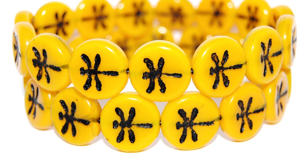 Round Flat Wit Dragonfly Pressed Glass Beads, Opal Yellow 23202 (81210 23202), Glass, Czech Republic