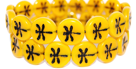 Round Flat Wit Dragonfly Pressed Glass Beads, Opal Yellow 23202 (81210 23202), Glass, Czech Republic