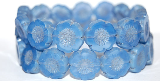Table Cut Round Beads Hawaii Flowers, Opal Blue Luster Cream (31000 14401), Glass, Czech Republic