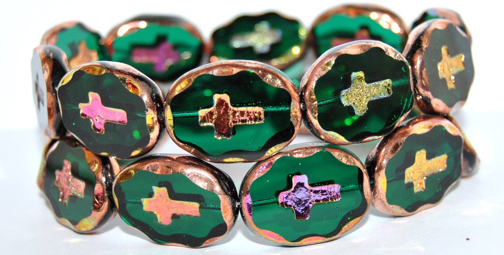 Table Cut Oval Beads With Cross, Transparent Green Emerald Vitex 2Xside (50730 Vitex 2Xside), Glass, Czech Republic