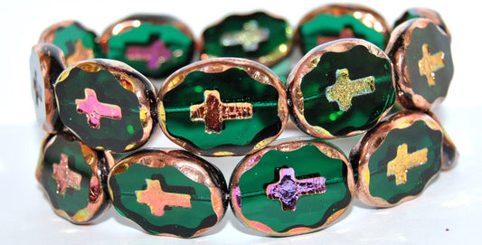 Table Cut Oval Beads With Cross, Transparent Green Emerald Vitex 2Xside (50730 Vitex 2Xside), Glass, Czech Republic