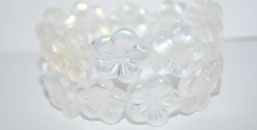Round Flower Hibiskus Pressed Glass Beads, Chalk White Abm (3000 Abm), Glass, Czech Republic