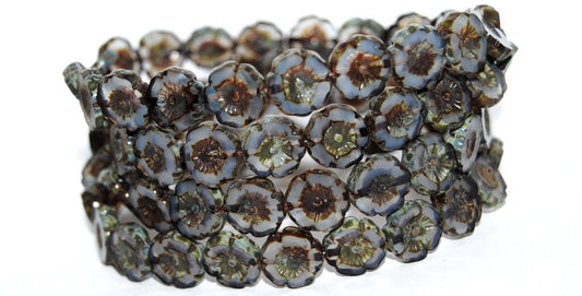 Table Cut Round Beads Hawaii Flowers, Opal Blue 66800 (31000 66800), Glass, Czech Republic