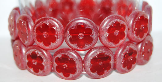 Table Cut Round Beads With Flower, Ruby Red Luster Cream (90080 14401), Glass, Czech Republic