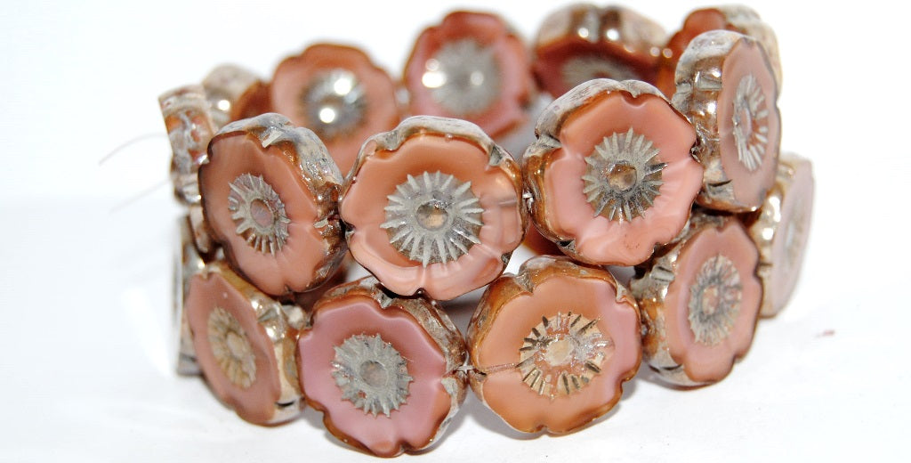 Table Cut Round Beads Hawaii Flowers, Opaque Pink 43500 (74020 43500), Glass, Czech Republic