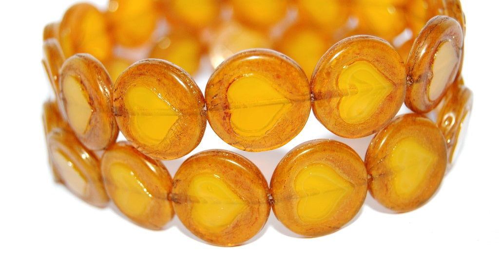 Table Cut Round Beads With Heart, Opal Yellow Luster Red Full Coated (81210 14495), Glass, Czech Republic