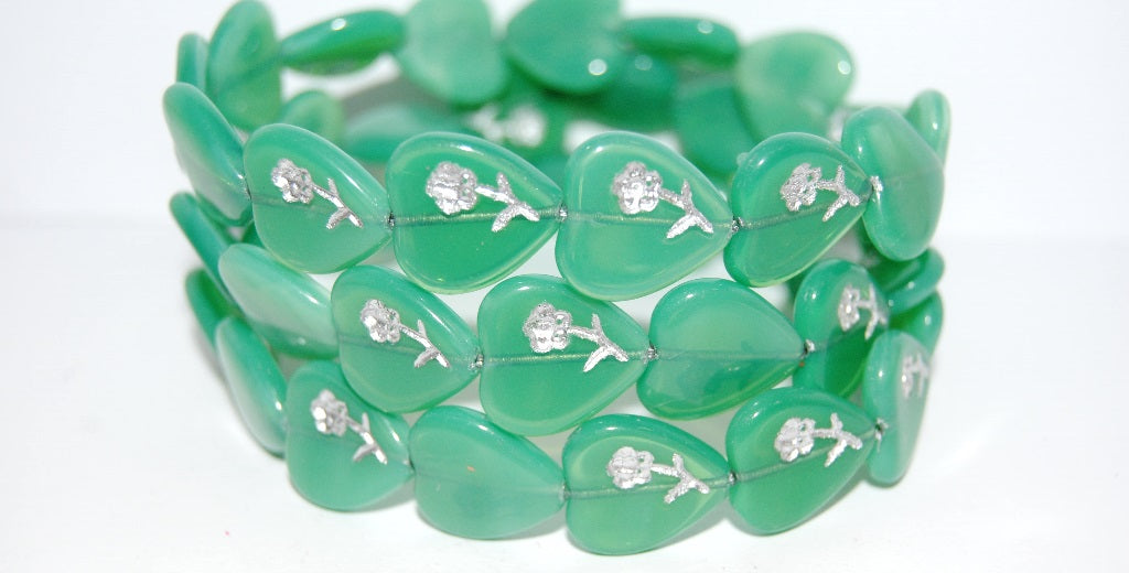 Heart Pressed Glass Beads With Flower, Opal Aqua 54201 (61310 54201), Glass, Czech Republic