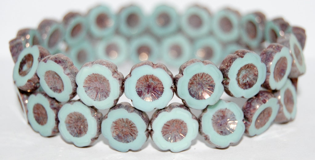 Table Cut Round Beads Hawaii Flowers, Turquise Bronze (63110 14415), Glass, Czech Republic