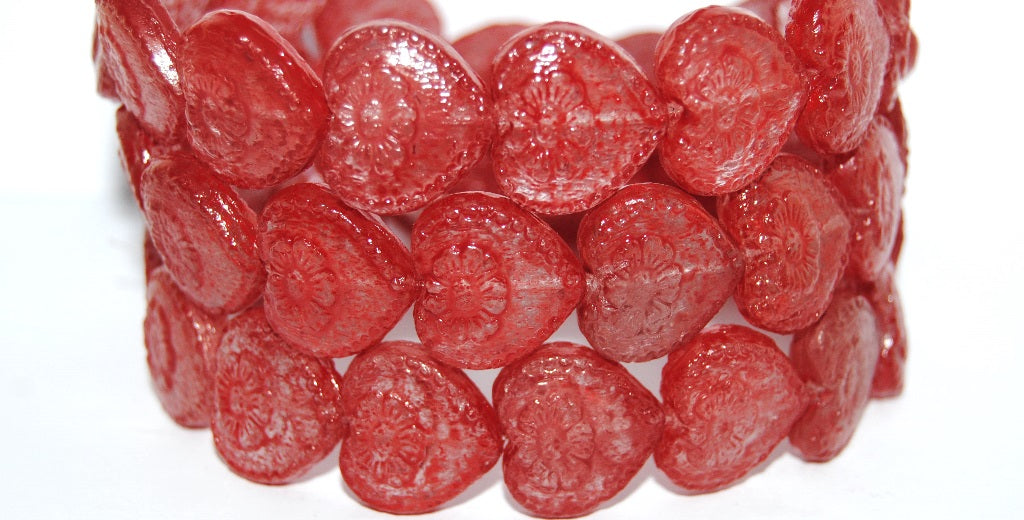 Heart With Flower Pressed Glass Beads, (Lava Glass 43607), Glass, Czech Republic