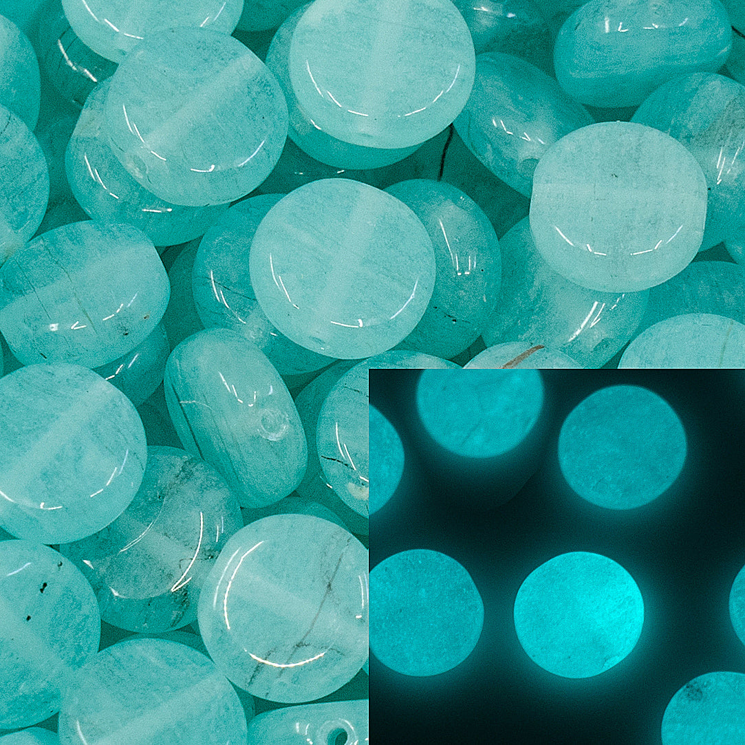 Flat Round Coin 1-hole glass beads, 8mm, Czech Republic, Dirty Turquoise - Glow in the Dark Bright Blue