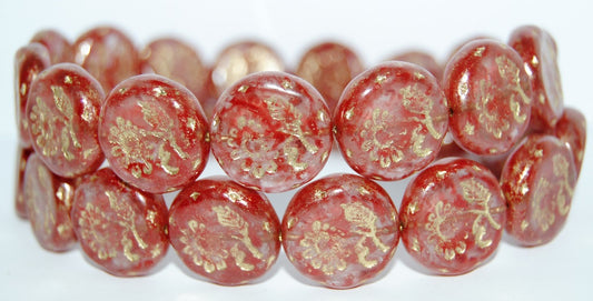 Round Flat With Flower Marguerite Pressed Glass Beads, Crystal Lava Glass Red 54202 (30 Lava Glass Red 54202), Glass, Czech Republic