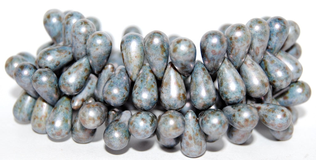 Pear Drop Pressed Glass Beads, Chalk White Luminescent Green (3000 65431), Glass, Czech Republic