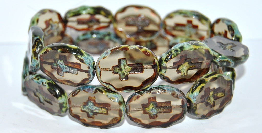 Table Cut Oval Beads With Cross, Transparent Brown Travertin (10210 86800), Glass, Czech Republic