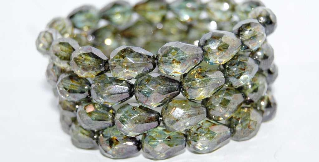 Cut Fire Polished Faceted Drop Pear Glass Beads, Crystal Luminescent Green (30 65431), Glass, Czech Republic