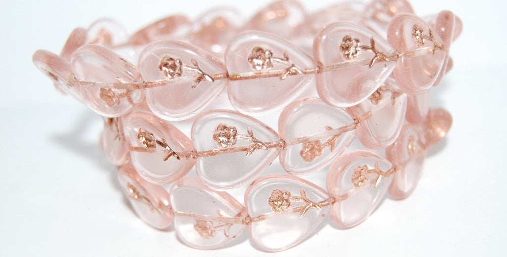 Heart Pressed Glass Beads With Flower, Transparent Pink 54200 (70100 54200), Glass, Czech Republic