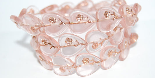 Heart Pressed Glass Beads With Flower, Transparent Pink 54200 (70100 54200), Glass, Czech Republic