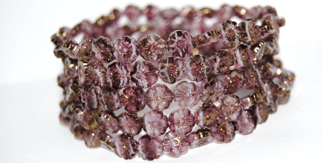 Table Cut Round Beads Hawaii Flowers, Bright Amethyst White Delay Bronze (25016 14415), Glass, Czech Republic