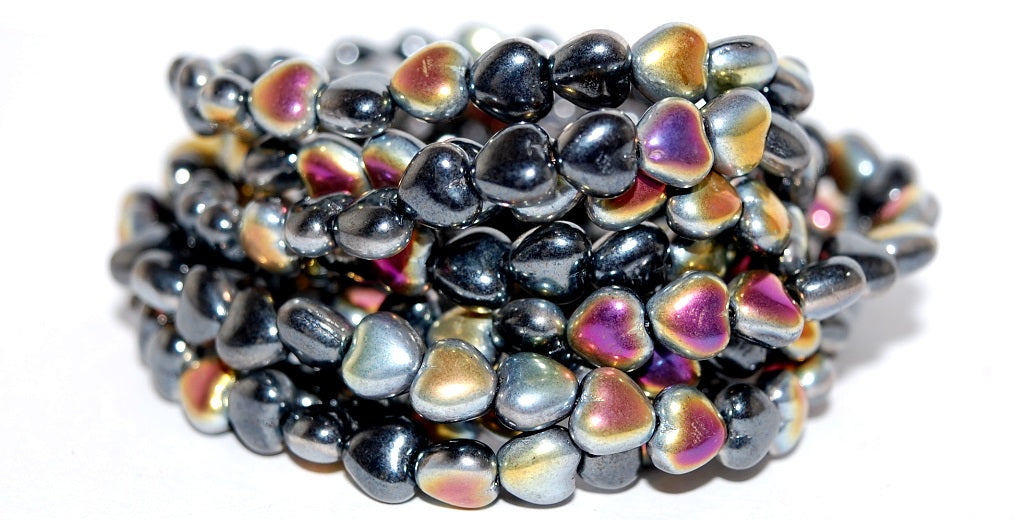 Heart Pressed Glass Beads, Hematite Jet Volcano (14400 28001), Glass, Czech Republic