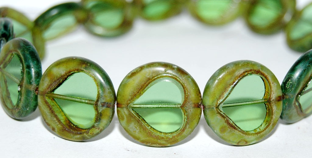 Table Cut Round Beads With Heart, Transparent Green 86801 (50110 86801), Glass, Czech Republic