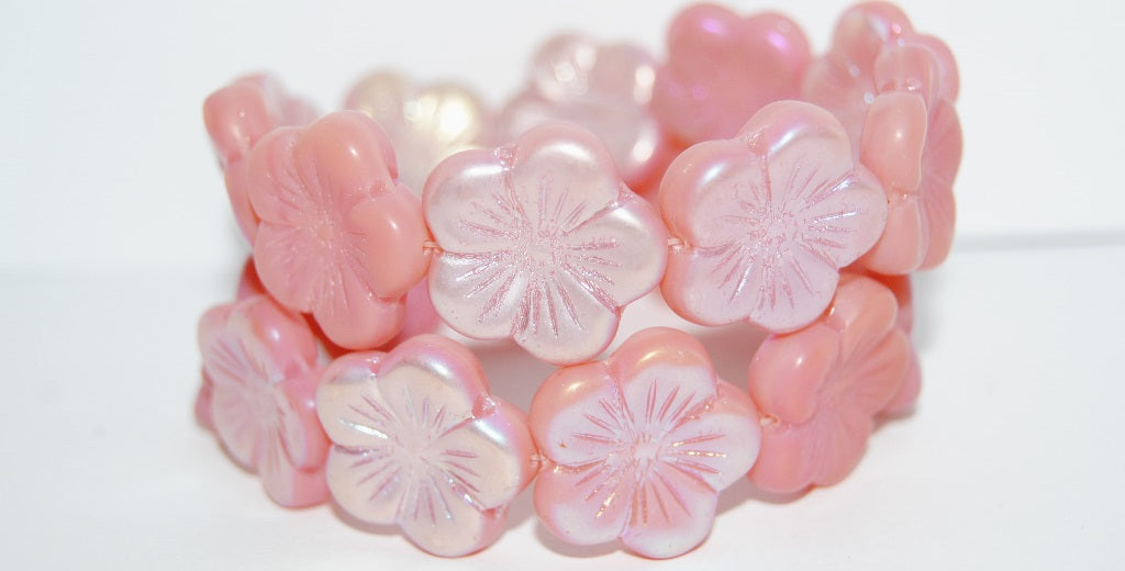 Round Flower Hibiskus Pressed Glass Beads, Opal Pink Abm (71010 Abm), Glass, Czech Republic