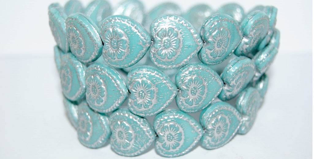 Heart With Flower Pressed Glass Beads, Opaque Green 54201 (54020 54201), Glass, Czech Republic